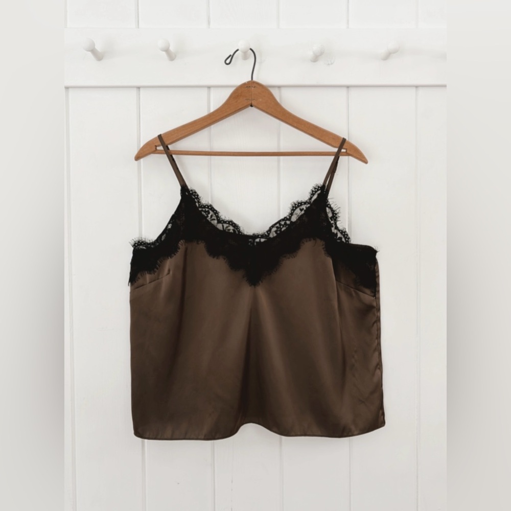 The Drop Satin Lace Tank Top Green Black Lace Y2K Silky Neutral Spaghetti Strap